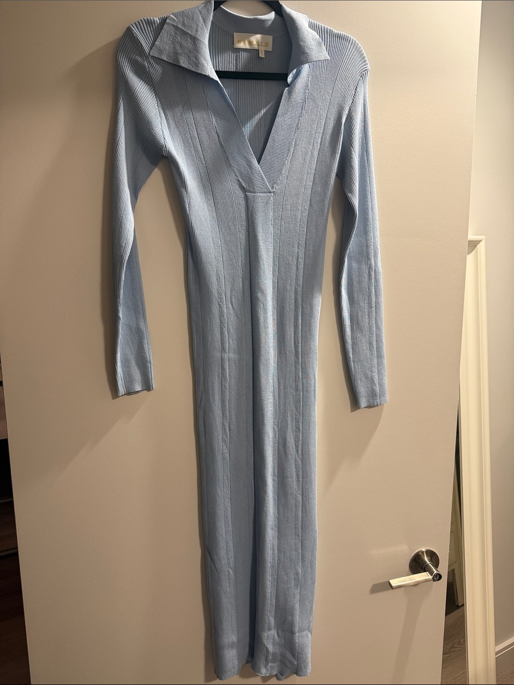REMAIN Birger Christensen Light Blue Ribbed Long Sleeve V-Neck Maxi Dress